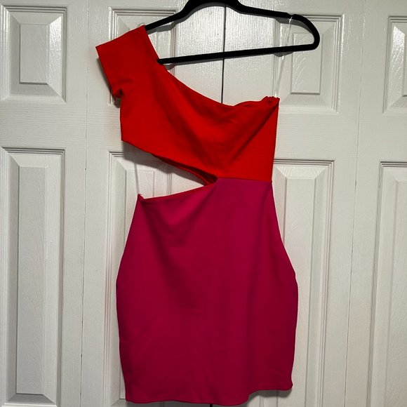 FORE Bright Pink/Orange One Shoulder Cut Out Waist Mini Dress New with Tags - Picture 4 of 8